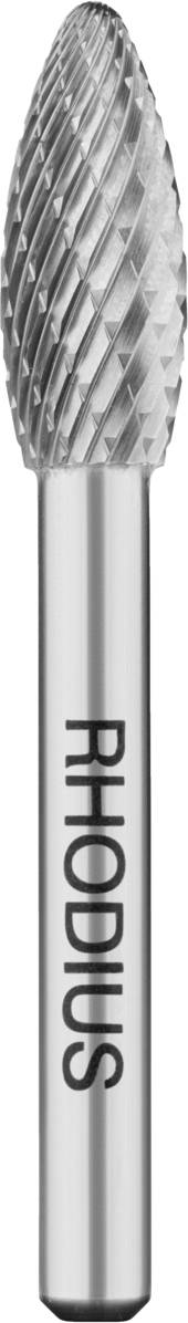 Ein silberner Frässtift mit zylindrischem Schaft und kegelförmigem Schneidkopf. Text am Schaft lautet 'RHODIUS'.