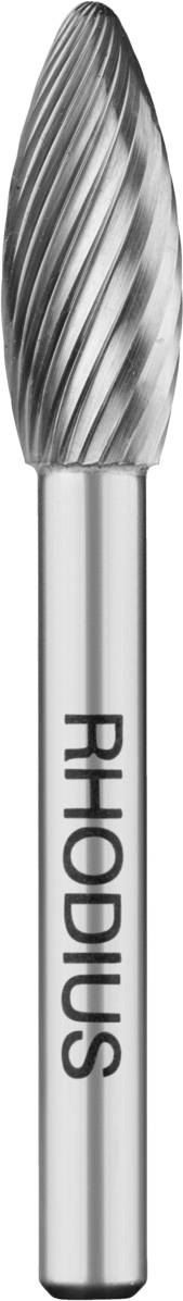 Schleifwerkzeug mit zylindrischem Schaft und konischem, geriffeltem Kopf. Die Seite des Schaftes ist mit dem Schriftzug 'RHODIUS' versehen.