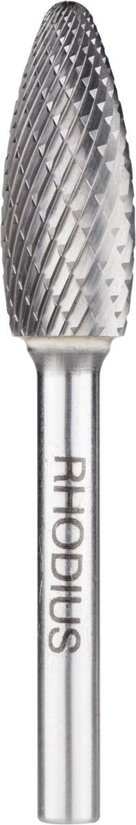 Metallschneidwerkzeug mit zylindrischem Schaft und kegelförmigem Kopf aus Metall. Markierung 'RHODIUS' auf dem Schaft.