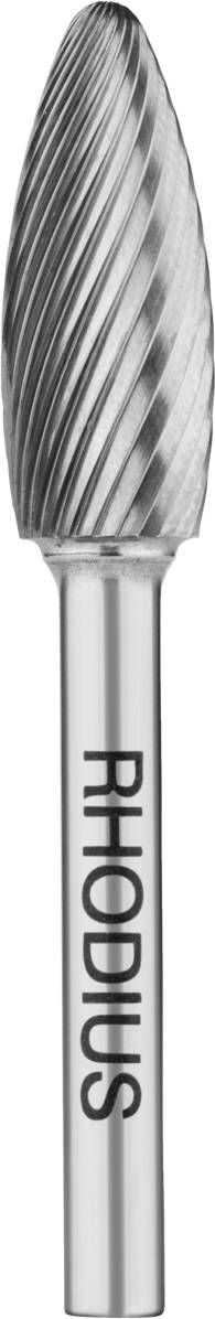 Ein zylindrischer Metallfräser mit Rillen, gekennzeichnet mit 'RHODIUS'. Hauptsächlich zur Bearbeitung und Formgebung von Materialien verwendet.