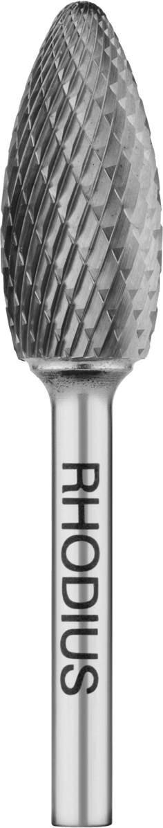 Silberner rotierender Frässtift mit einem rautenförmigen Schneidkopf, auf dem Schaft steht 'Rhodius'. Verwendet für Metallbearbeitung.