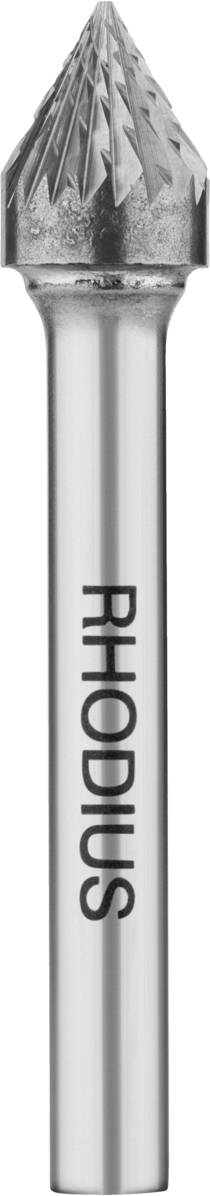 Silberner Frässtift mit konischem Kopf und der Aufschrift 'RHODIUS' auf dem Schaft.