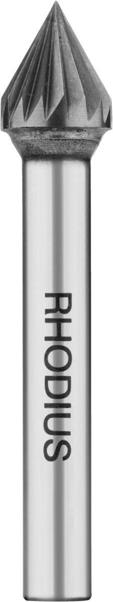 Ein zylinderförmiger Fräser mit konischem Kopf, beschriftet mit 'RHODIUS', geeignet für präzises Schleifen und Fräsen von Materialien.