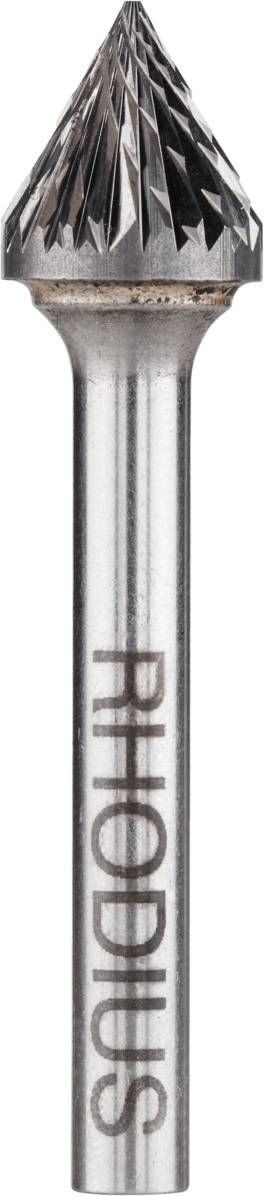 Kegelförmiger Schaftfräser von Rhodius, aus Metall mit gezahnten Schneiden, geeignet für präzise Gravur- und Fräsarbeiten.