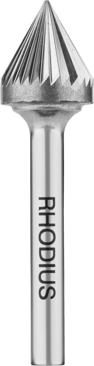 Ein kegelförmiger Frässtift mit dem Markennamen 'RHODIUS' auf dem Schaft. Geeignet für präzises Materialabtragen in Werkstätten.