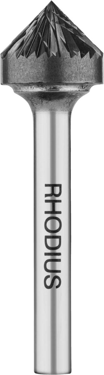 Ein zylinderförmiger Frässtift aus Metall mit scharfem Kopf, Markenname 'RHODIUS' auf dem Schaft. Ideal für präzise Entgratungsarbeiten.