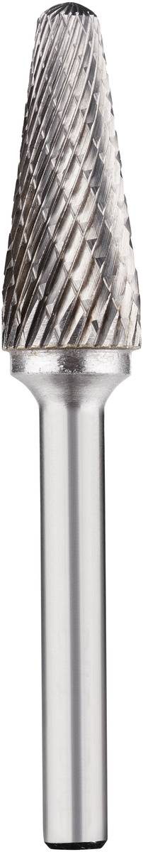 Metallfräser mit konischer Form, geeignet zur Bearbeitung von Metallen und anderen harten Materialien. Texturiertes Schneidmuster zur Effizienzsteigerung.