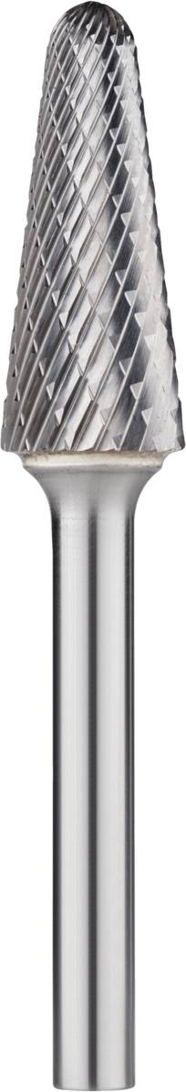 Ein spitz zulaufender Frässtift aus Metall mit einem diagonalen Schraffurmuster, geeignet für präzises Schleifen und Fräsen.