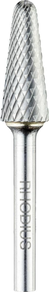 Metallfrässtift mit konischer Form und kreuzweiser Verzahnung, geeignet zum Bearbeiten von Metallen.