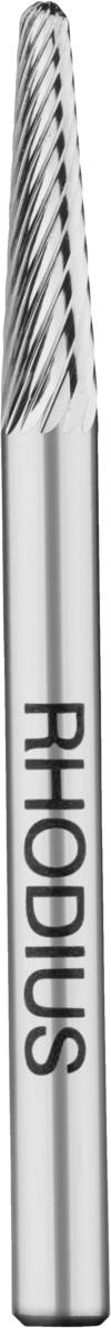 Ein zylindrischer, metallischer Frässtift mit Spiralmuster an der spitzen Seite und der Aufschrift 'RHODIUS' auf dem Schaft.