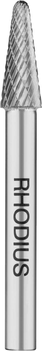 Ein silberfarbener, konisch geformter Schleifaufsatz mit feiner Riffelung und dem Aufdruck 'Radius' auf dem Schaft.