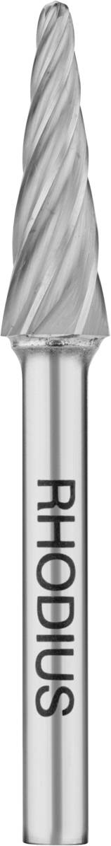 Silberner Fräser mit spiralförmigem Kopf, markiert mit 'Rhodius'. Verwendet für präzise Verarbeitung von Metalloberflächen.