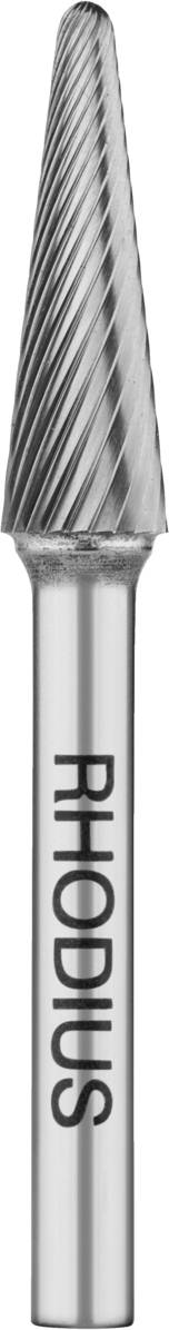 Metallfräser mit konischer Spitze und spiralförmigen Schneidkanten, Schaft mit 'RHODIUS'-Aufschrift.