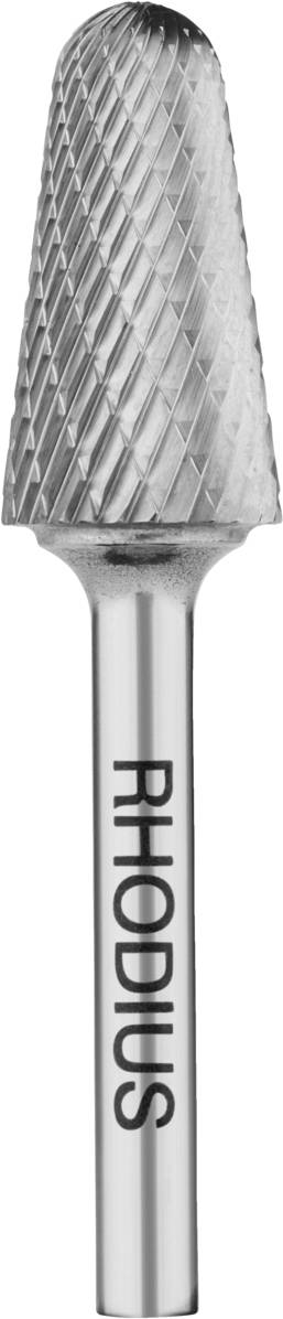 Silberfarbener Frässtift mit RHODIUS Schriftzug auf dem Schaft, konisches Design mit rautenmusterartiger Schneidfläche.