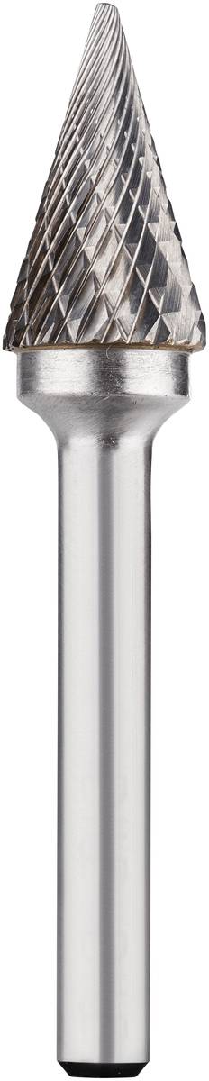 Ein kegelförmiger Frässtift aus Metall mit kreuzförmigem Schneidemuster, geeignet für das Bearbeiten von Materialien wie Metall oder Holz.