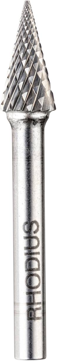Ein kegelförmiger Schleifstift mit metallischem Schaft und Diamantbeschichtung. Das Wort 'RHODIUS' ist auf den Schaft aufgedruckt.