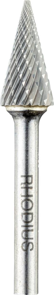 Ein kegelförmiger Frässtift mit scharfen Rillen, vor einem weißen Hintergrund. Auf dem Schaft steht der Schriftzug 'RHODIUS'.