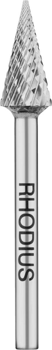 Metall-Frässtift in Kegelform mit Rillen, silberfarben, vertikal dargestellt. Aufschrift 'RHODIUS' auf dem Griffstück.