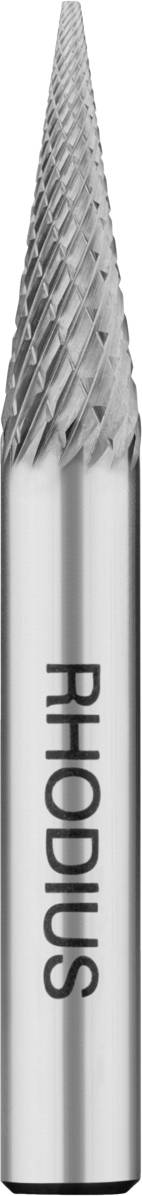Ein zylindrischer Frässtift mit feiner Diamant-Struktur auf der Spitze. Auf dem Schaft steht 'RHODIUS'. Geeignet für präzise Metallarbeiten.