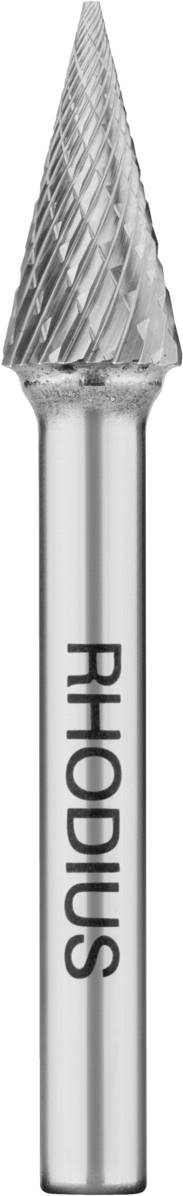 Ein zylindrischer Frässtift mit kegelförmiger Spitze und spiralförmiger Verzahnung. Marke 'RHODIUS' auf dem Schaft.