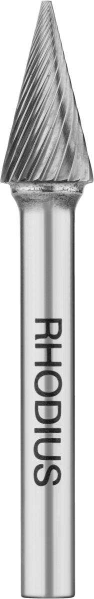 Ein rotierender Hartmetallfrässtift mit spitzem Kegelkopf und Längsschneidverzahnung, der 'RHODIUS' schriftlich auf dem Schaft zeigt.