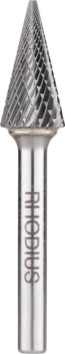 Ein kegelförmiger Frässtift aus Metall mit der Aufschrift 'RHODIUS' auf dem Schaft.