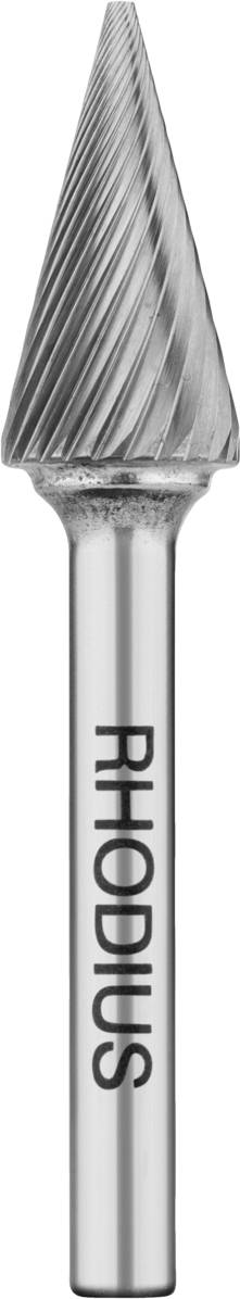 Zylinderförmiger Frässtift mit konischer Spitze und spiralförmigen Schneiden. Vertikaler Griff mit dem Aufdruck 'Rhodius'.