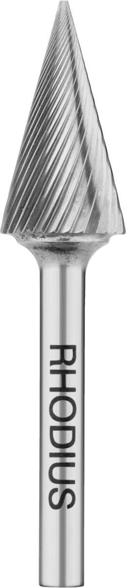 Ein Frässtift mit konischer Form aus Metall, auf dem der Name 'RHODIUS' eingraviert ist. Geeignet für präzises Bearbeiten von Werkstoffen.