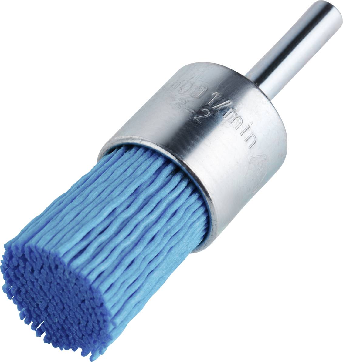 Eine blaue Schleifbürste mit Metallhalterung und Befestigungsstift. Ideal zum Polieren und Entrosten in handwerklichen Anwendungen.