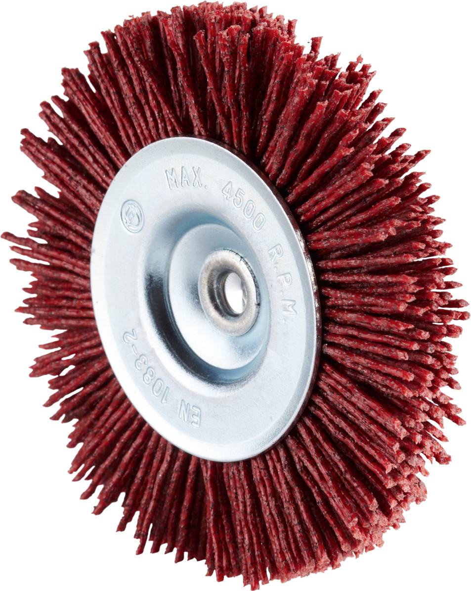 Ein Drahtbürstenaufsatz mit rotem Besatz und silberner Halterung, geeignet für die Reinigung und Politur bei maximal 4500 U/min.