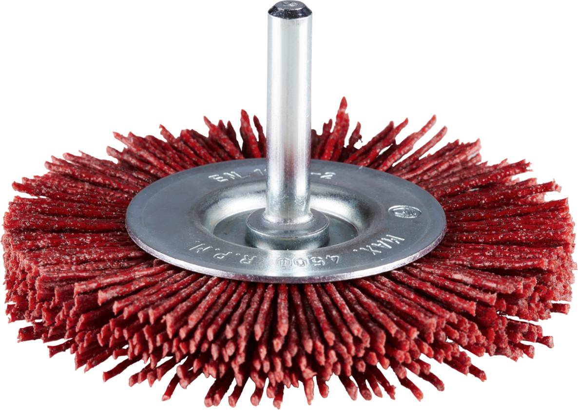Rote Rundbürste mit Metallschaft vor weißem Hintergrund, zur Verwendung mit Bohrmaschinen geeignet.