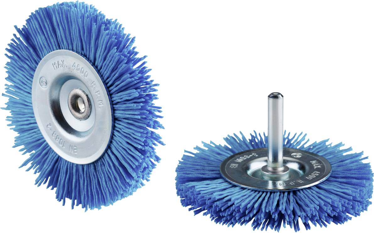 Zwei blaue Bürstenscheiben mit Metallkern, eine mit Stab und eine ohne, geeignet für die Reinigung oder Polierarbeiten.