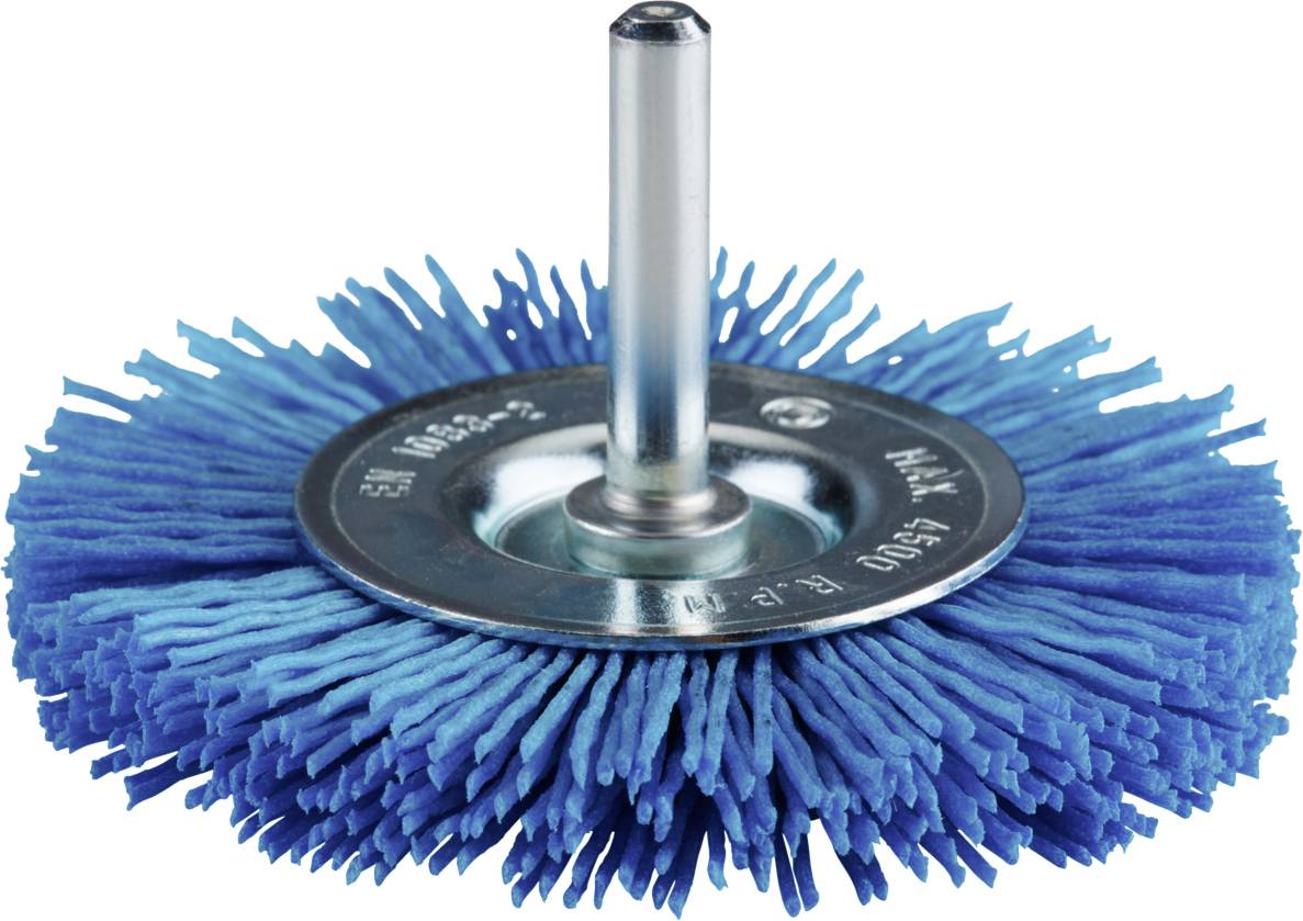 Blauer Schleifbürstenaufsatz mit radialen Borsten, Metallhalterung und Schaft zur Montage an einem Werkzeug, verwendet zur Oberflächenreinigung.