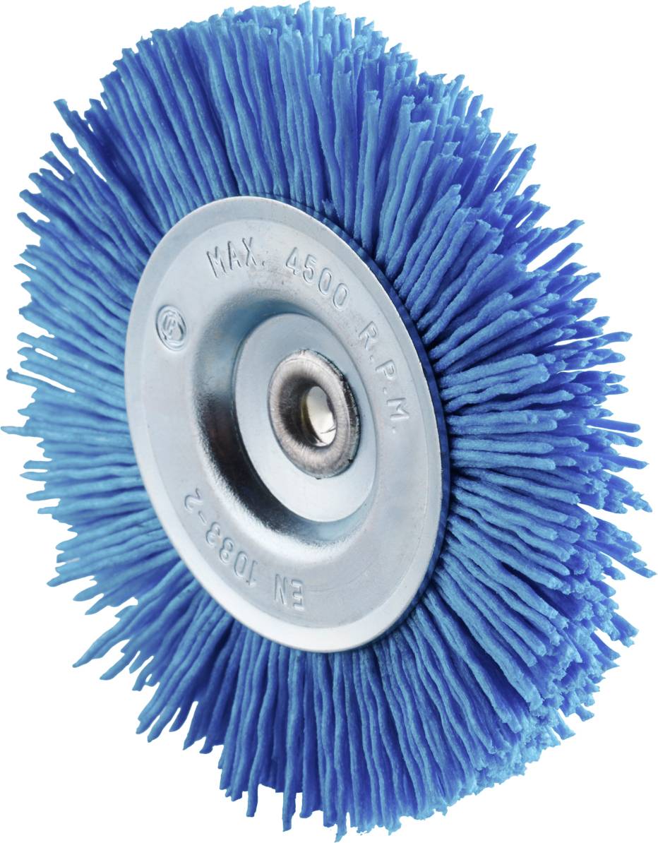 Blauer Bürstenaufsatz mit Metallmitte, geeignet für eine maximale Drehzahl von 4500 U/min, zur Reinigung und Politur.