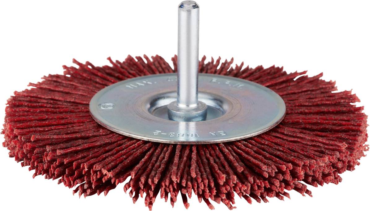 Rote, runde Bürste mit Metallnabe und Stab, geeignet für Schleif- oder Polierarbeiten.