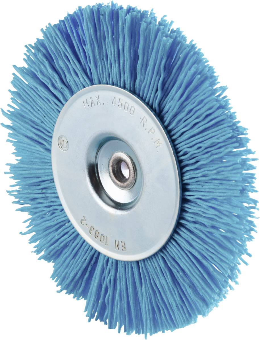 Blaue Schleifscheibe mit Kunststoffborsten und metallischem Zentrum, geeignet für Maschinen bis 4500 U/min, EN 1083-2 zertifiziert.