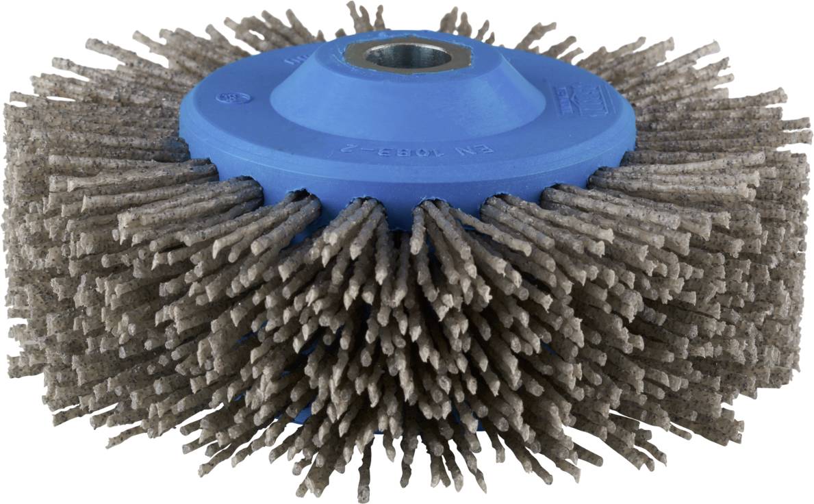 Eine runde Bürste mit blauen Plastikteil und grauen Borsten, die radial um die Mitte angeordnet sind, wird gezeigt.