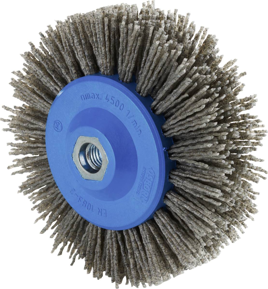 Eine runde Schleifbürste mit blauen Metallkern und dichten, grauen Borsten, die radial angeordnet sind. Geeignet zum Polieren.