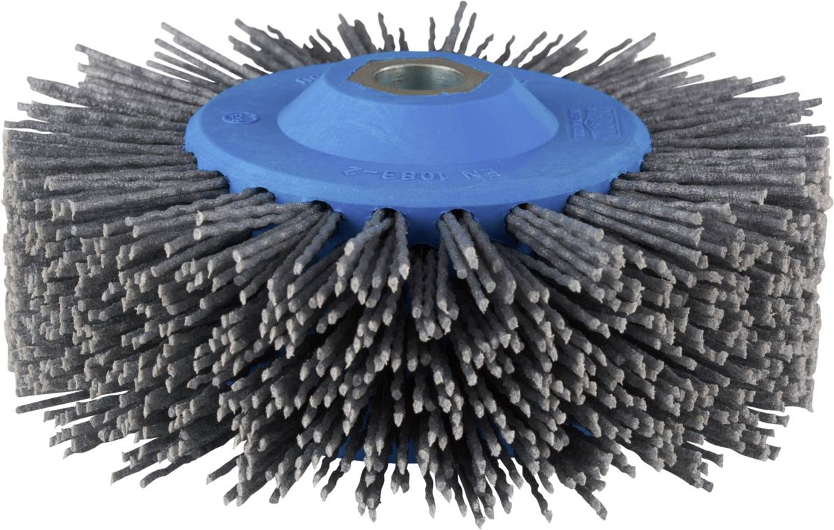 Eine rotierende Schleifbürste mit blauen Kunststoffelementen und grauen Borsten, geeignet zum Entfernen von Rost und Lacken.
