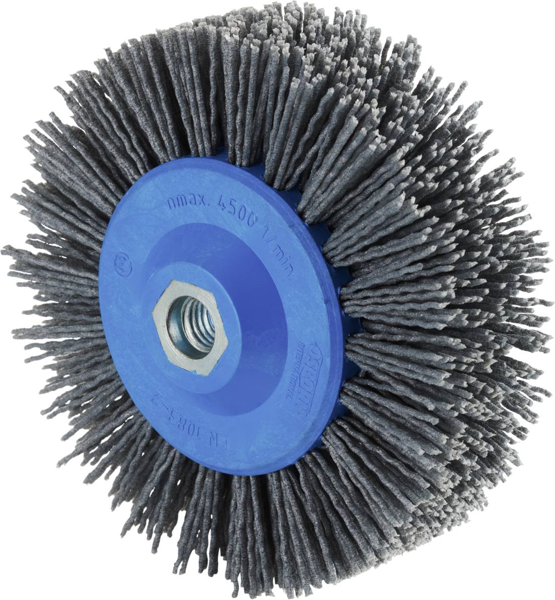 Runde, drahtige Schleifscheibe mit blauem Kunststoffkern, geeignet für Oberflächenbearbeitung. Maximale Drehzahl 4500 U/min.