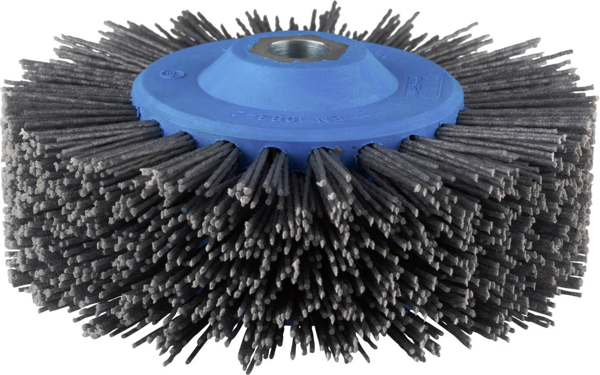 Runde Bürste mit kurzen, dichten Borsten, montiert auf einem blauen Kunststoffblock, geeignet für Reinigung oder Polieren.