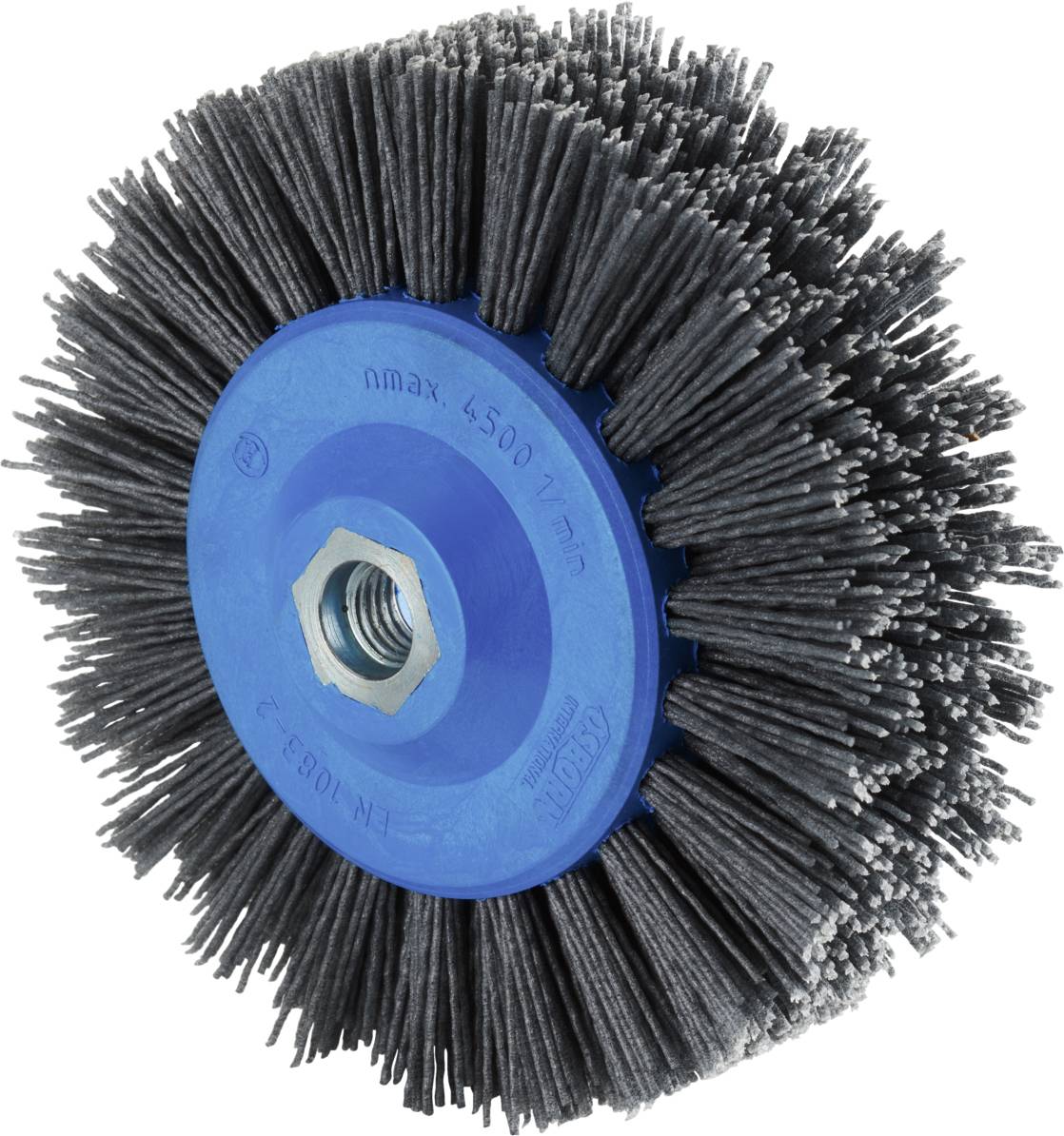 Runde Schleifbürste mit blauen Kunststoff- und grauen Borsten, geeignet für Polier- oder Reinigungsarbeiten.
