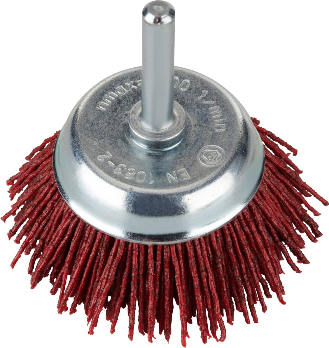 Eine runde Drahtbürste mit roten Borsten und silbernem Griff, die zum Reinigen oder Polieren von Oberflächen verwendet wird.