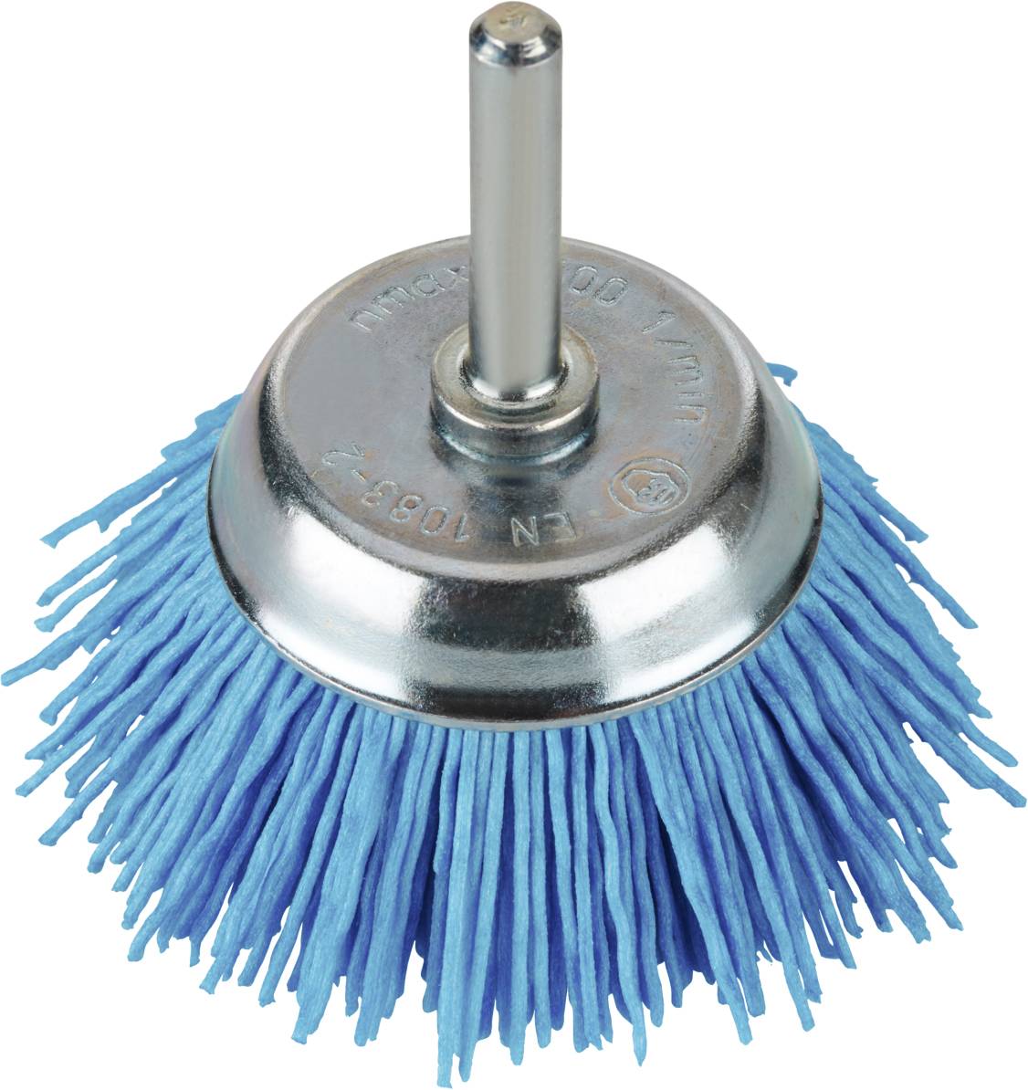 Metallbürste mit blauen Kunststoffborsten, geeignet für Reinigungs- oder Polierarbeiten.