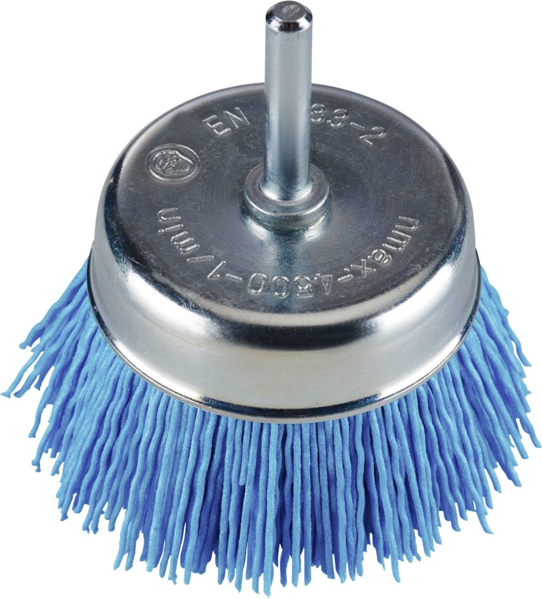 Runde Drahtbürste mit blauen Borsten und Metallaufsatz, geeignet für Bohrmaschine-Befestigung.