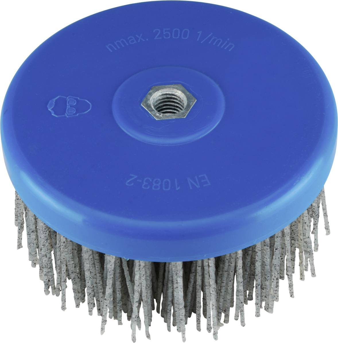 Runde, blaue Drahtbürste mit grauen Borsten und Angabe 'nmax. 2500 1/min'. Geeignet für Reinigungs- oder Polierarbeiten.
