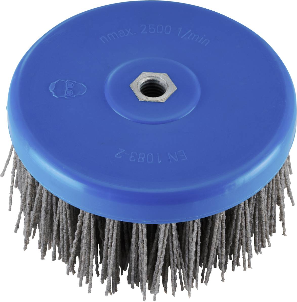 Blauer Rundbürstenkopf mit grauen Borsten und Metallgewinde in der Mitte, geeignet für Reinigungs- oder Schleifarbeiten.