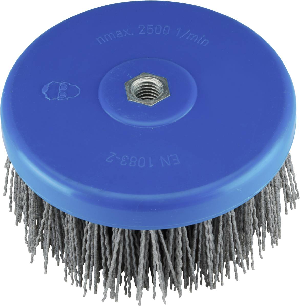 Eine blaue Rundbürste mit grauen Borsten und Metallgewinde in der Mitte. Aufschrift oben: 'nmax. 2500 1/min' und 'EN 1083-2'.