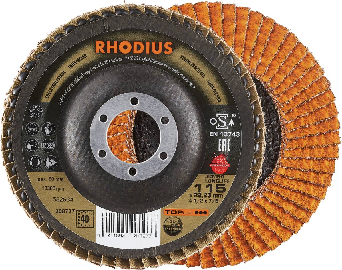 'RHODIUS' Schleifscheiben, Typ: 115 x 22,23 mm, max. 80 m/s, 13300 rpm, geeignet für Stahl und Inox, Zertifizierung: EN 13743.