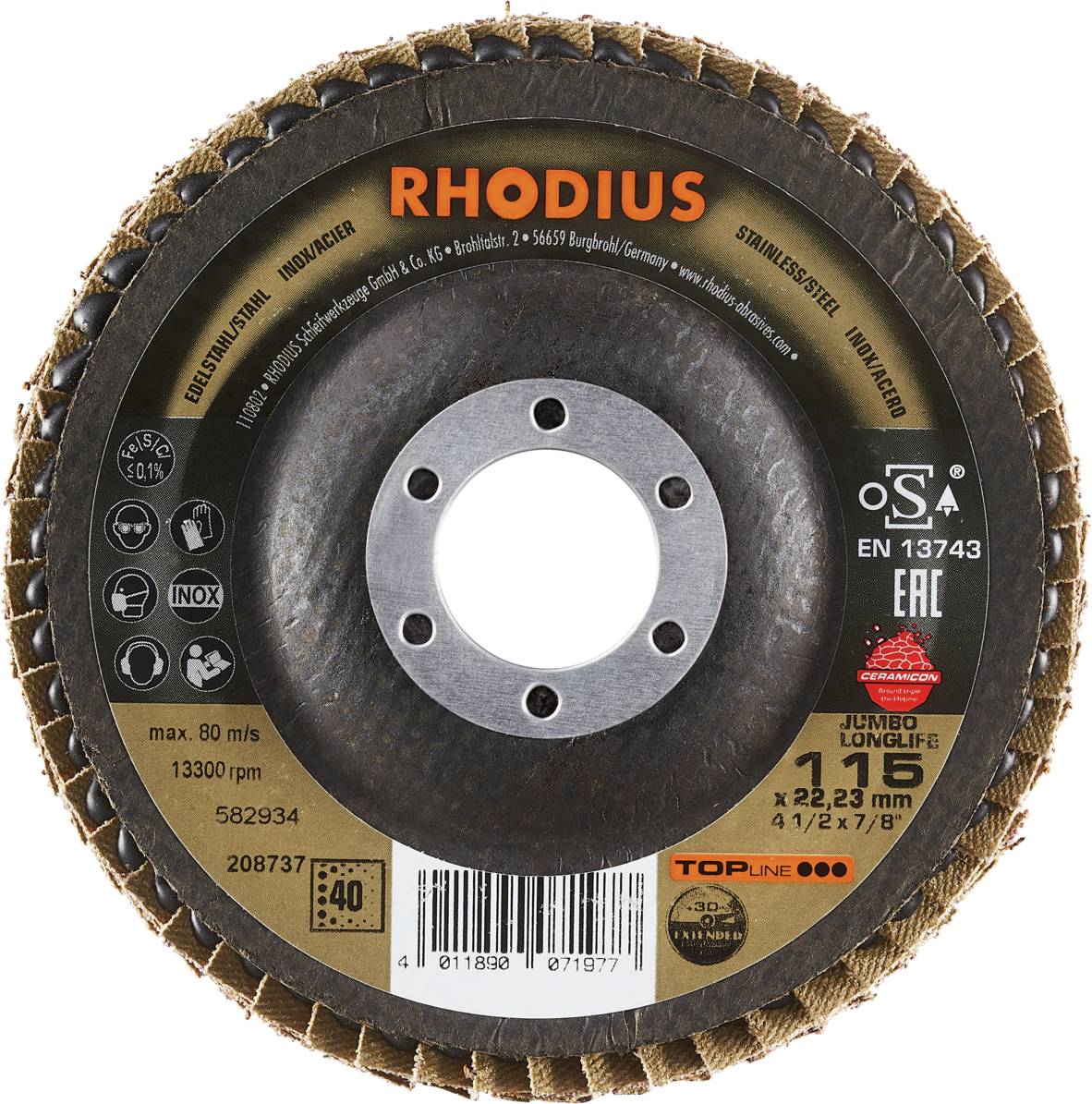 Rhodius 208737 JUMBO LONGLIFE EXTENDED Fächerschleifscheibe Edelstahl, Stahl 10St.